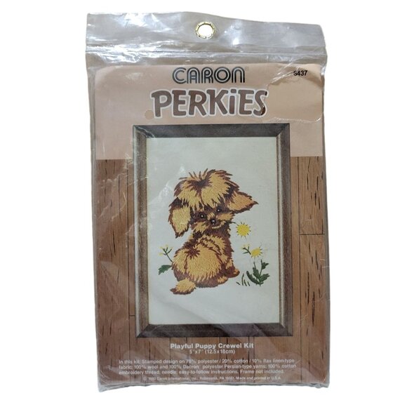 Caron Other - Caron Perkies Playful Puppy Crewel Kit 5"x7" 1980's Vintage Needlepoint DIY Craf